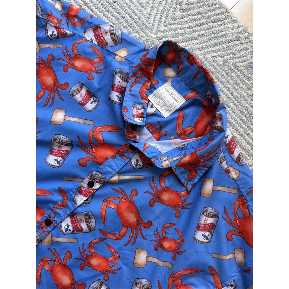 Route One Apparel National Bohemian Crab Short Sleeve Button Shirt - Blue - 5XL